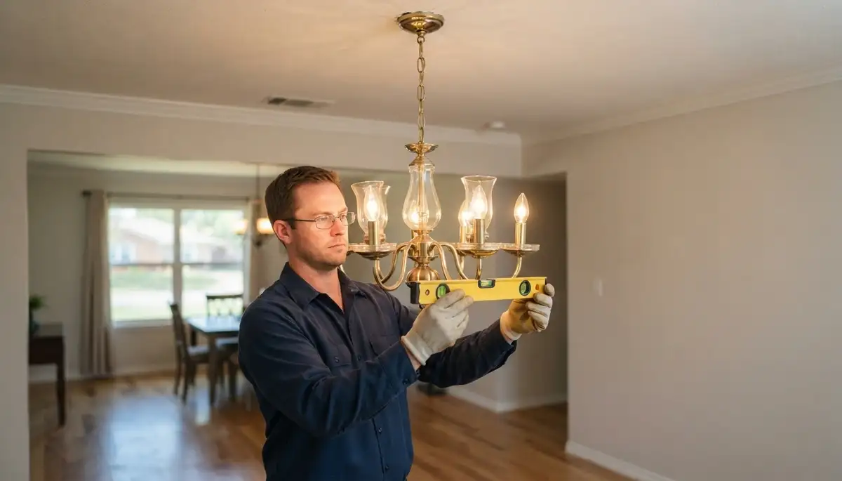 Electrician levels chandelier and tests dimmer during installation in Oklahoma City, OK