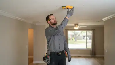 Oklahoma City electrician marks ceiling with a stud finder for precise lighting installation