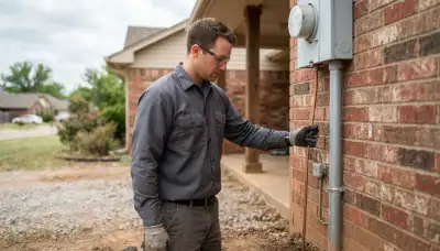 Electrician tracing a grounding conductor to a ground rod during a lightning assessment in Oklahoma City, OK