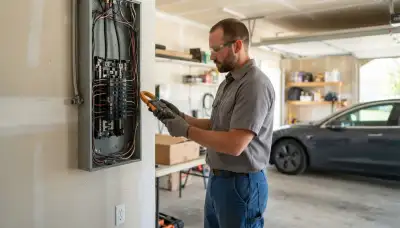 Oklahoma City electrician uses a clamp meter for EV charger load calculation at a home electrical panel
