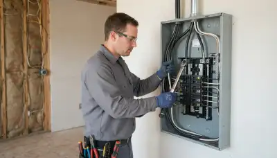 Electrician terminating feeder wires in a new load center during panel installation in Oklahoma City, OK