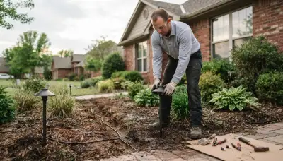 Technician installs low-voltage landscape lighting fixtures along buried cable in Oklahoma City, OK