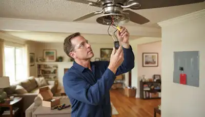 Electrician repairs ceiling fan wiring and capacitor with breaker lockout in Oklahoma City, OK