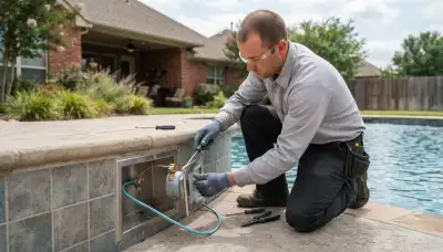 Electrician installing and bonding a replacement pool light fixture in Oklahoma City, OK
