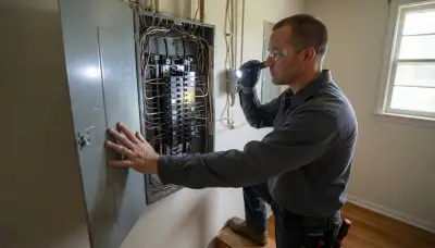 Electrician inspecting a home's electrical panel for unsafe connections in Oklahoma City, OK