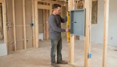 Licensed electrician levels electrical panel enclosure during rough-in installation in Oklahoma City, OK