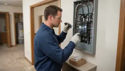 Electrician inspects an open electrical panel for whole-home surge protection in Oklahoma City, OK