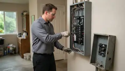 Electrician upgrading an older home's electrical panel to 200-amp service in Bethany, OK