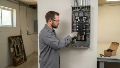 Electrician upgrading the electrical panel in an older Blanchard, OK home
