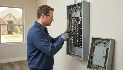 Electrician upgrading an electrical panel in an older Choctaw, OK home