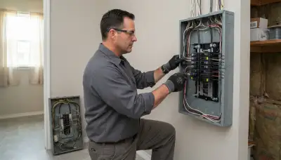 Electrician upgrading an older Del City, OK home's electrical panel to 200-amp service