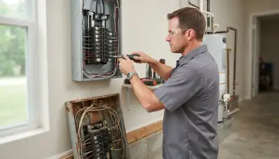 Electrician upgrading an electrical panel in an older Jones, Oklahoma home