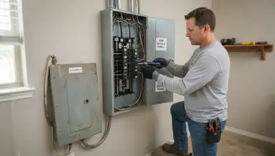 Electrician upgrading an outdated electrical panel in an older Newalla, OK home