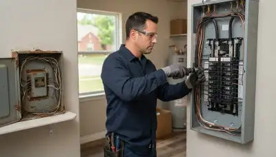 Electrician upgrading an electrical panel in an older Oklahoma City, OK home