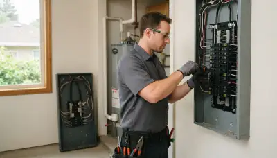Electrician upgrading an electrical panel in an older Piedmont, OK home