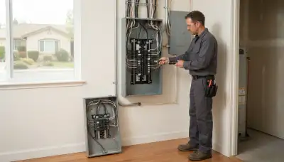 Electrician upgrading an outdated electrical panel in an older Union City, OK home