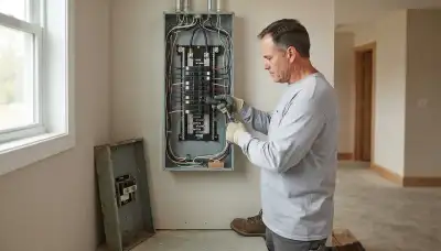 Electrician upgrading an outdated electrical panel in an older Wayne, OK home