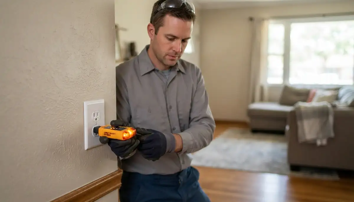Electrician using a circuit tester to verify outlet polarity and grounding during repair in Oklahoma City, OK