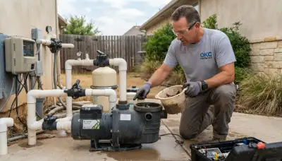 Electrician inspecting a residential pool pump strainer basket and shaft seal in Oklahoma City, OK
