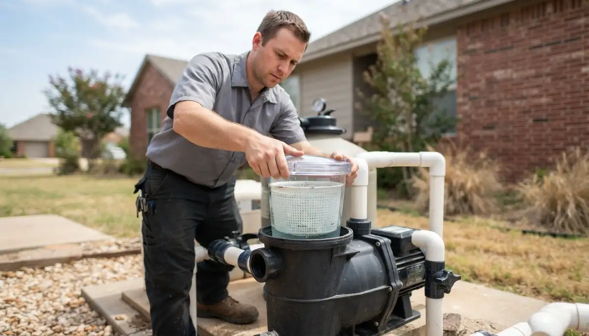 Oklahoma City, OK electrician verifies pool pump flow by closing the primed strainer lid