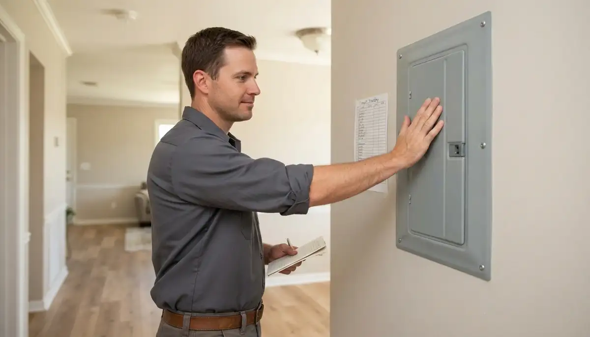 Electrician verifies completed electrical panel installation during an Oklahoma City, OK project walkthrough