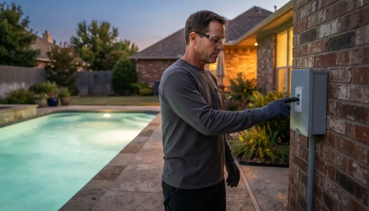 Oklahoma City electrician tests ground-fault protection at pool light panel as newly installed lights illuminate water