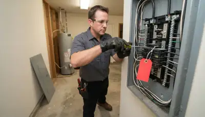Oklahoma City electrician safely repairs a locked-off circuit with a screwdriver and gloved hands