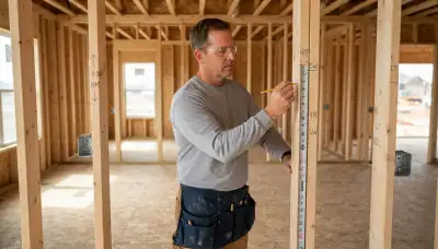 Electrician marking outlet heights and circuit runs during rough-in wiring in a new Oklahoma City, OK home