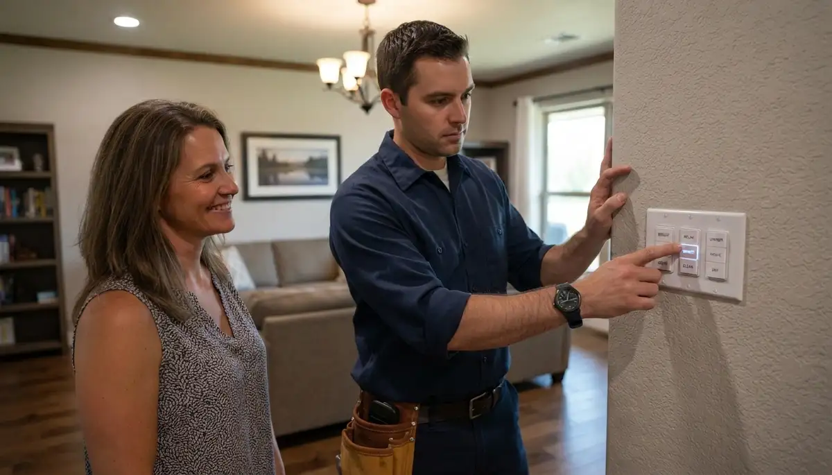 Oklahoma City, OK electrician verifies programmable lighting scenes with homeowner using scene controls