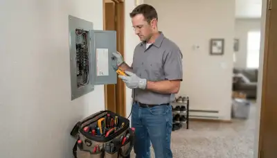 Oklahoma City electrician diagnosing an electrical panel with a voltage tester during a home service call