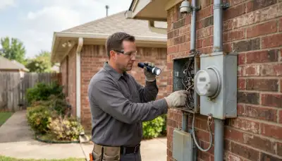 Oklahoma City electrician inspecting a residential service entrance, meter base, weatherhead, and electrical mast