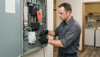 Electrician installs a whole-home surge protector at an electrical panel in an Oklahoma City, OK home