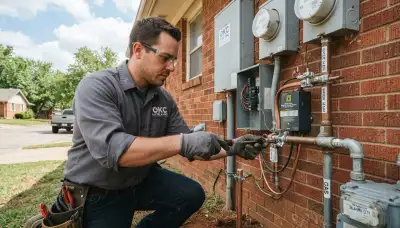 Electrician installing surge protection and bonding jumpers at an Oklahoma City, OK home