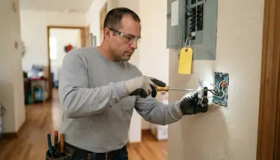 Electrician replacing a wall switch with secured wiring in an Oklahoma City, OK home