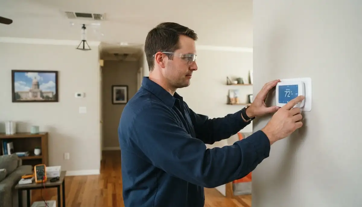 Technician tests new thermostat heat and cooling cycles at an Oklahoma City, OK home
