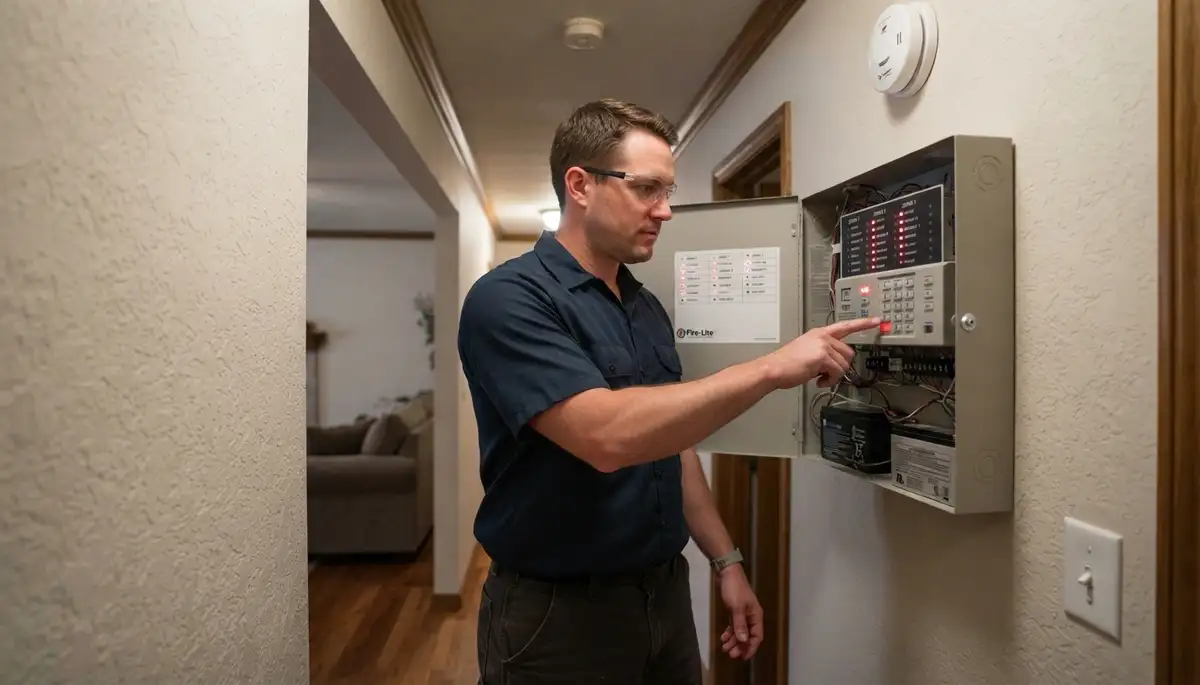 Electrician tests fire alarm control panel zones in an Oklahoma City, OK home