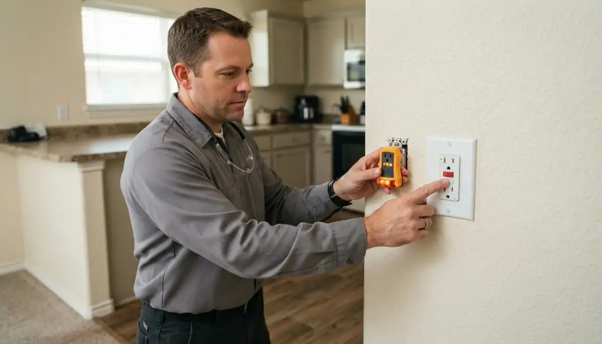 Electrician presses test button on newly installed GFCI outlet in Oklahoma City, OK