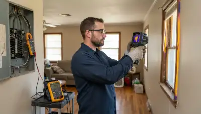 Electrician using a thermal camera to measure heat loss and electrical load in an Oklahoma City, OK home