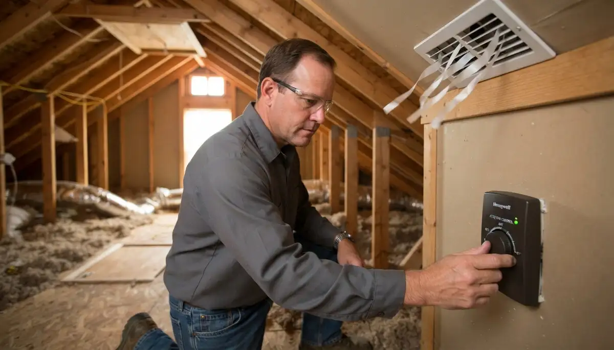 Electrician adjusts attic fan thermostat and verifies soffit airflow in Oklahoma City, OK