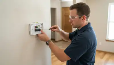 Electrician levels thermostat base and connects labeled wires during thermostat installation in Oklahoma City, OK