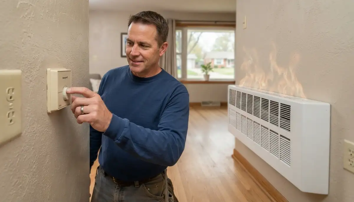 Technician adjusting an electric heater thermostat during output verification in Oklahoma City, OK