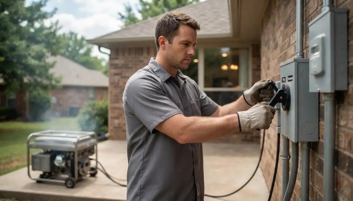 Technician tests a generator transfer switch during an outage simulation at an Oklahoma City, OK home