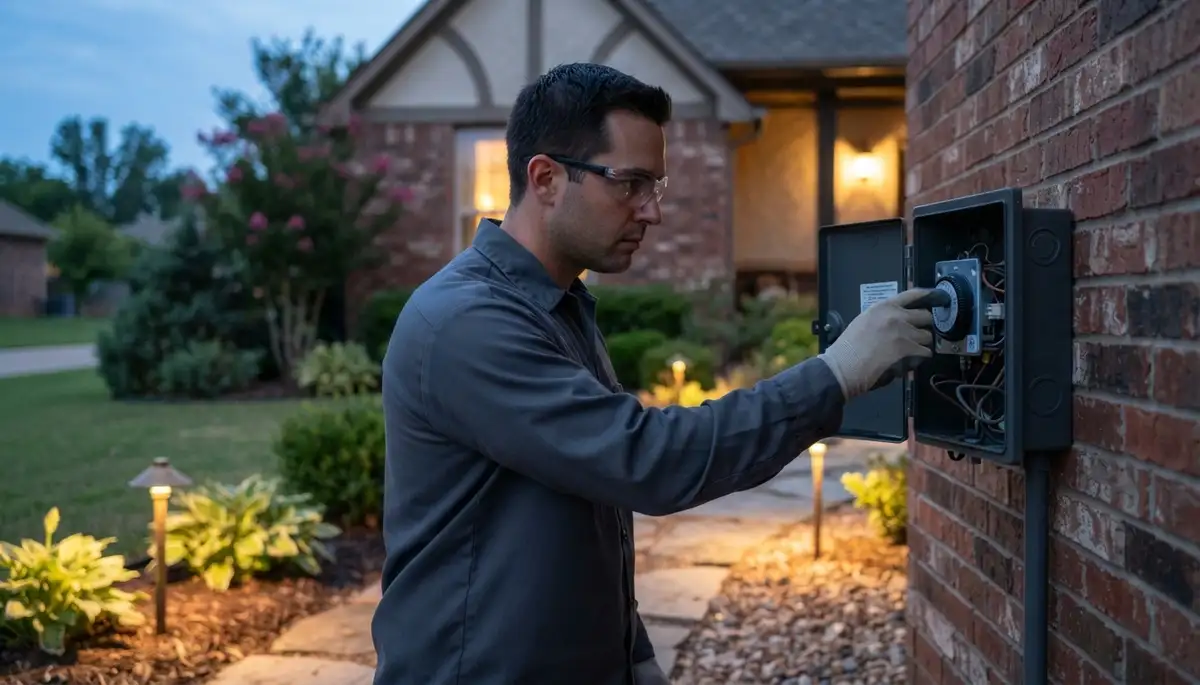Electrician adjusts a landscape lighting transformer timer during nighttime fixture testing in Oklahoma City, OK