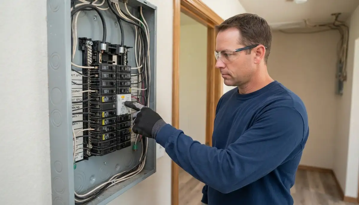 Electrician in Oklahoma City, OK pressing the test button on a newly installed GFCI breaker