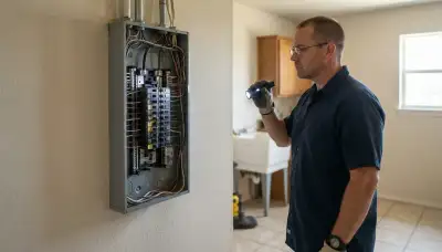 Electrician inspecting breakers, outlets, and circuits during a whole-home electrical inspection in Choctaw, OK