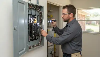 Electrician conducting a whole-home electrical inspection with a tester in Harrah, OK