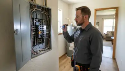 Electrician inspecting a home electrical panel during a whole-home inspection in Newalla, OK