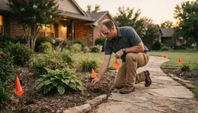 Electrician marking low-voltage landscape lighting positions along a pathway in Oklahoma City, OK